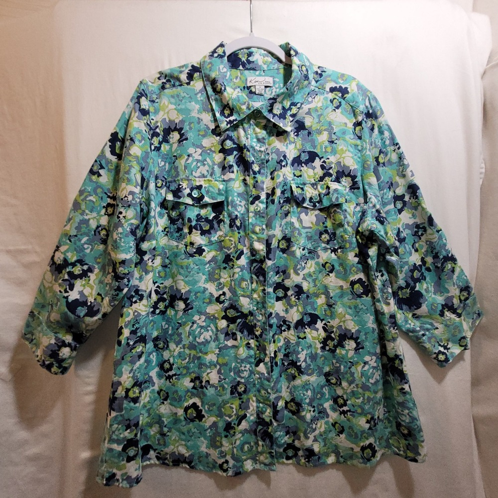 Kim Rogers Woman 1X Linen Floral Button Down Shirt Teal Blue 3/4 Roll Tab Sleeve
